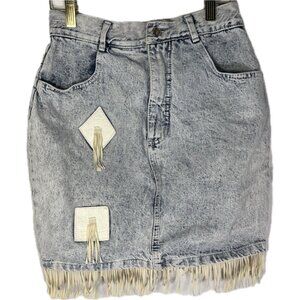 Vintage Bonnie Western Light Blue Jean Skirt W/ Leather Frays Size 11/12
